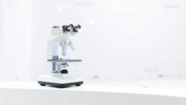 Microscope in the white science laboratory. Microbiology magnifying tool and symbol of chemical science exploration. Space for banner and logo. Science and Technology background. Animation 3D Render.