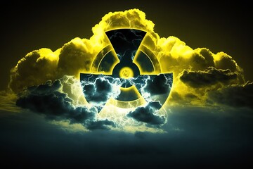 Cloud with radiation sign. Radiation symbol in the sky. Nuclear danger sign. The nuclear dust. Generative AI - obrazy, fototapety, plakaty