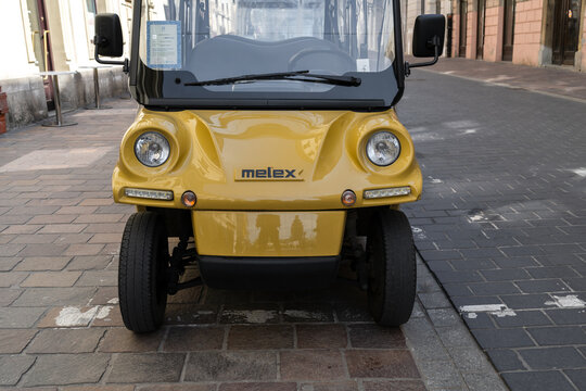 Krak&oacute;w city sightseeing tour by Melex electric car, with audio commentary. Tourist attraction of Cracow on May 5, 2023 in Krakow, Poland.
