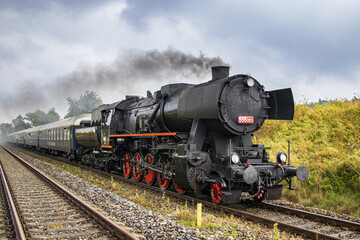 Fototapeta na wymiar a ride on a historic steam tourist train pulled by a German locomotive