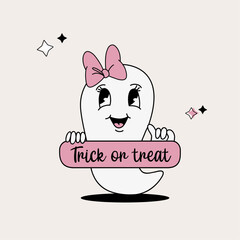 Cute cartoon ghost girl with pink bow in vintage style, groovy halloween character