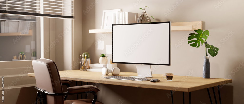 Wall mural minimal bright working space in apartment with computer mockup and decor