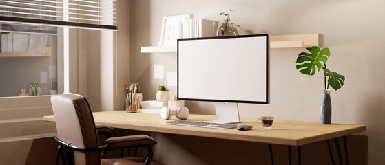 Minimal bright working space in apartment with computer mockup and decor