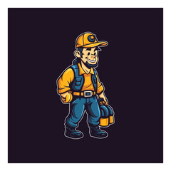 Mascot logo for a construction company with a mascot in the form of a character carrying work clothes and a helmet.