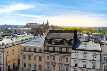 Aerial view of Kraków, Poland. Tenement houses of Cracow Main Market Square in the old town center...