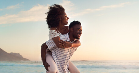 Black couple, piggyback on beach and travel with hug, love and freedom outdoor, sea view and mockup...