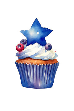 Watercolor Creamy Muffin with Blue Star and Berries Clipart created with Generative AI Tools