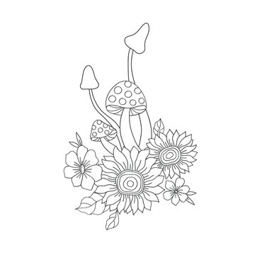 Linear flower and mushrooms arrangement Retro 70s 60s Groovy Hippie Flower Power vibes vector illustration isolated on white. Boho Summer retro floral bouquet colouring page.