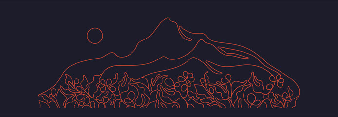 Coffee plantation and mountain. Vector line sketch