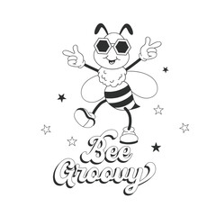 Retro rubber hose cartoon disco bee character vector illustration. Cool groovy bumblebee black and white personage print design.