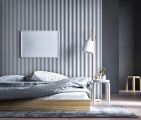 Bedroom interior with bed and white wooden panel wall with photo frame, lamp on the wall and carpet on wooden floor