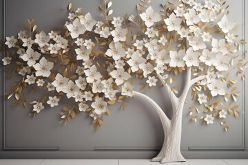 3D render, white tree with white flowers on gray wall background, generative Ai