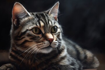 Close-up portrait of a beautiful tabby cat on a dark background, generative Ai