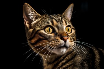 Close-up portrait of a tabby cat on a black background, generative Ai