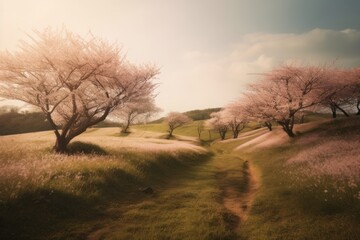 Fototapeta premium Cherry blossom trees in spring time,vintage color tone, generative Ai