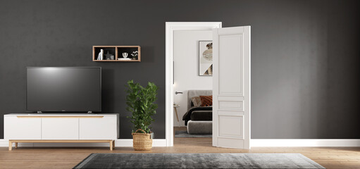living room with bedroom and plaster dark gray walls and wooden floor, empty room with tv cabinet , white door with carpet interior design concept , 3d 