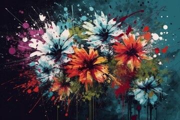 Colourful flowers on grunge background, abstract floral art illustration, generative Ai