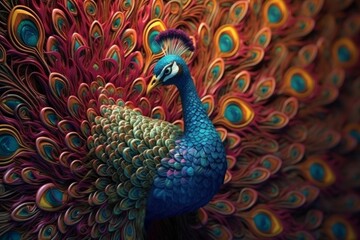 Peacock with colorful feathers in the park, close-up, generative Ai