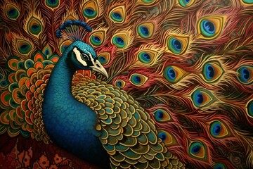 Fototapeta premium Peacock on a colorful background. Colorful peacock, generative Ai