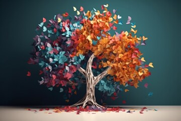 Colourful autumn tree with falling leaves on the floor. 3D rendering, generative Ai