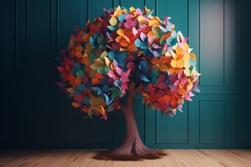 Colourful paper heart tree in the green interior. Love concept. 3D Rendering, generative Ai