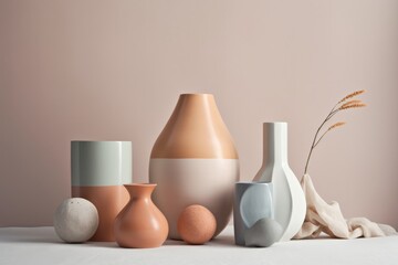 Fototapeta na wymiar Modern ceramic vases on white table and beige wall background, generative Ai