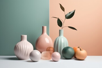 Colorful ceramic vases on pastel background. Minimal still life., generative Ai