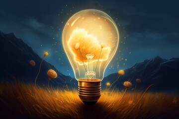 Glowing light bulb in the middle of a wheat field, 3D rendering, generative Ai