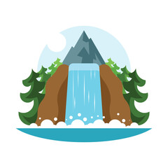 Mountains and waterfall icon. Flat illustration of mountains and waterfall vector
