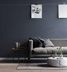  living room with a grey sofa and a center table with two pictures on 