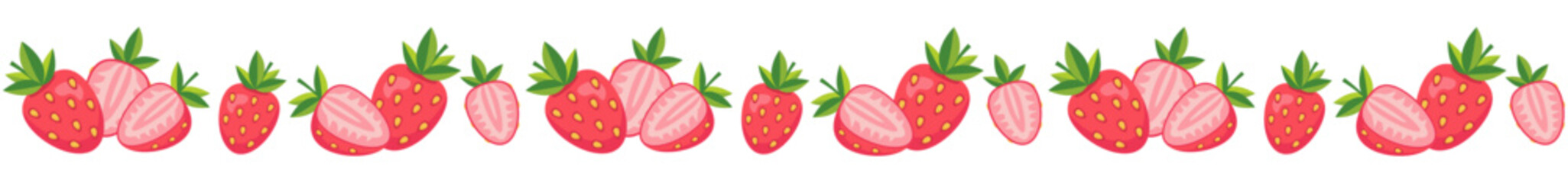 Seamless border with strawberry. Can be used for summer cards, letters, invitations. Isolated vector and PNG illustration on transparent background.
