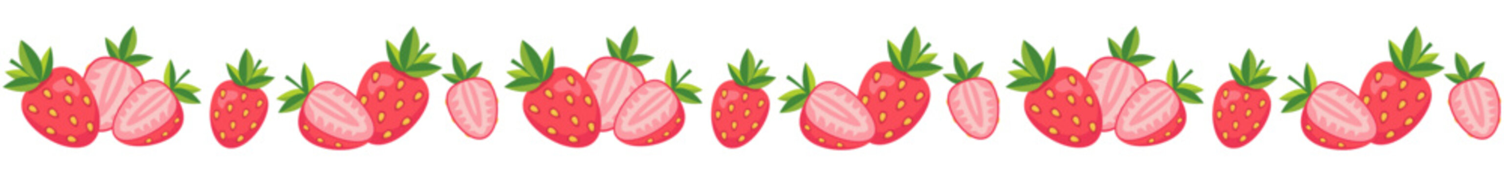 Seamless border with strawberry. Can be used for summer cards, letters, invitations. Isolated vector and PNG illustration on transparent background.