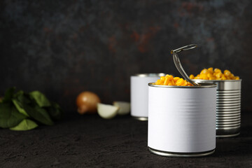 Canned food in blank metal jars, concept of canned food