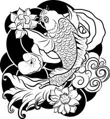 vector illustration of Japanese koi fish tattoo style drawing. Japanese background. tattoo koi fish design. hand drawn outline koi fish and Chinese doodle art. Peony, Cherry blossom and lotus vector.