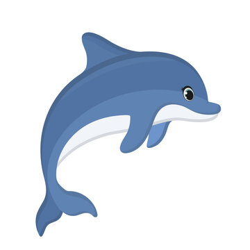 Cartoon jumping dolphin on white isolated background. Vector. Marine animals, ocean.
