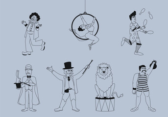 Set of different circus characters. People doing show in outline style.