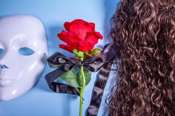 phantom of the opera brown curly hair red rose with black ribbon and white mask