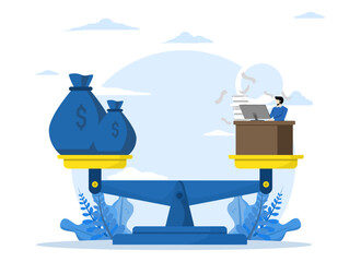 Wages, overwork and life balance concept, working hard for money or motivating incentive to work overtime, salary or income, businessman working hard at desk busy seesaw balance with wage money bag.