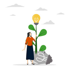 Failing to success, learning from mistakes or motivation to succeed, aspirations and efforts to find new innovations, a cheerful businessman sees a brilliant plant seed idea growing from a broken seed