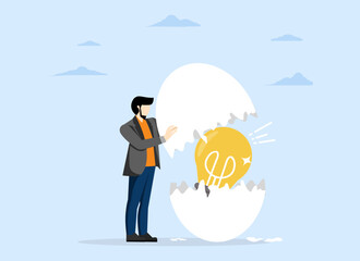 New creative idea, concept of creation or invention, innovation or solution for business, entrepreneurship or startup idea, entrepreneur finding hatching egg with light bulb idea inside