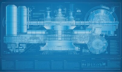 Detailed technical drawing of a nuclear power plant showcased in a blueprint. Creating using generative AI tools