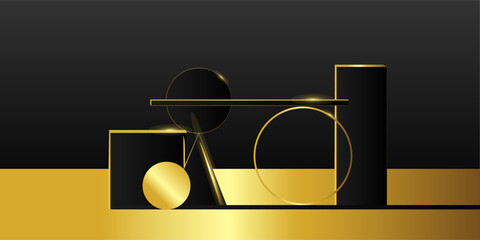 Various geometric gold and black shapes in a modern style. Balance concept. Abstraction.