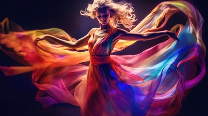Woman ballet dancer dancing in colorful fluttering dress. Generative AI