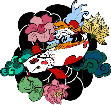 vector illustration of Japanese koi fish tattoo style drawing. Japanese background. tattoo koi fish design. hand drawn outline koi fish and Chinese doodle art. Peony, Cherry blossom and lotus vector.