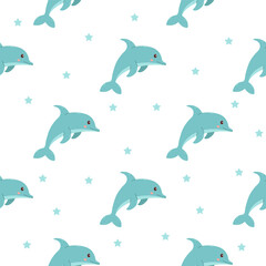 Seamless children's pattern with cute dolphin. Marine-themed pattern with underwater animals. Texture for fabric, packaging, textiles, clothing. Vector illustration.
