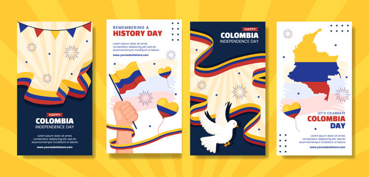 Colombia Independence Day Social Media Stories Cartoon Hand Drawn Templates Background Illustration