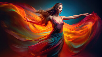 Woman ballet dancer dancing in colorful fluttering dress. Generative AI - obrazy, fototapety, plakaty