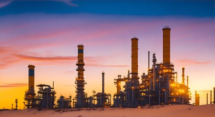 Fototapeta na wymiar Oil refinery plant for crude oil industry on desert in evening twilight, energy industrial machine for petroleum gas production background Ai generated