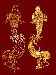 Beautiful line art of gold fish vector illustration.Koi fish for printing on shirt on white isolated background.