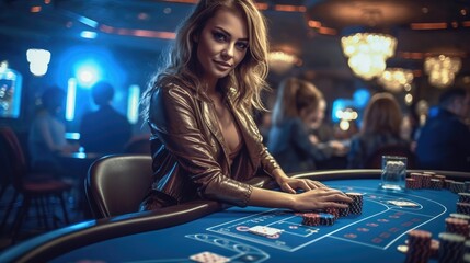 Confident woman effortlessly navigates the blackjack and poker tables, leaving her opponents in awe with her strategic skills and calculated moves. Generative AI